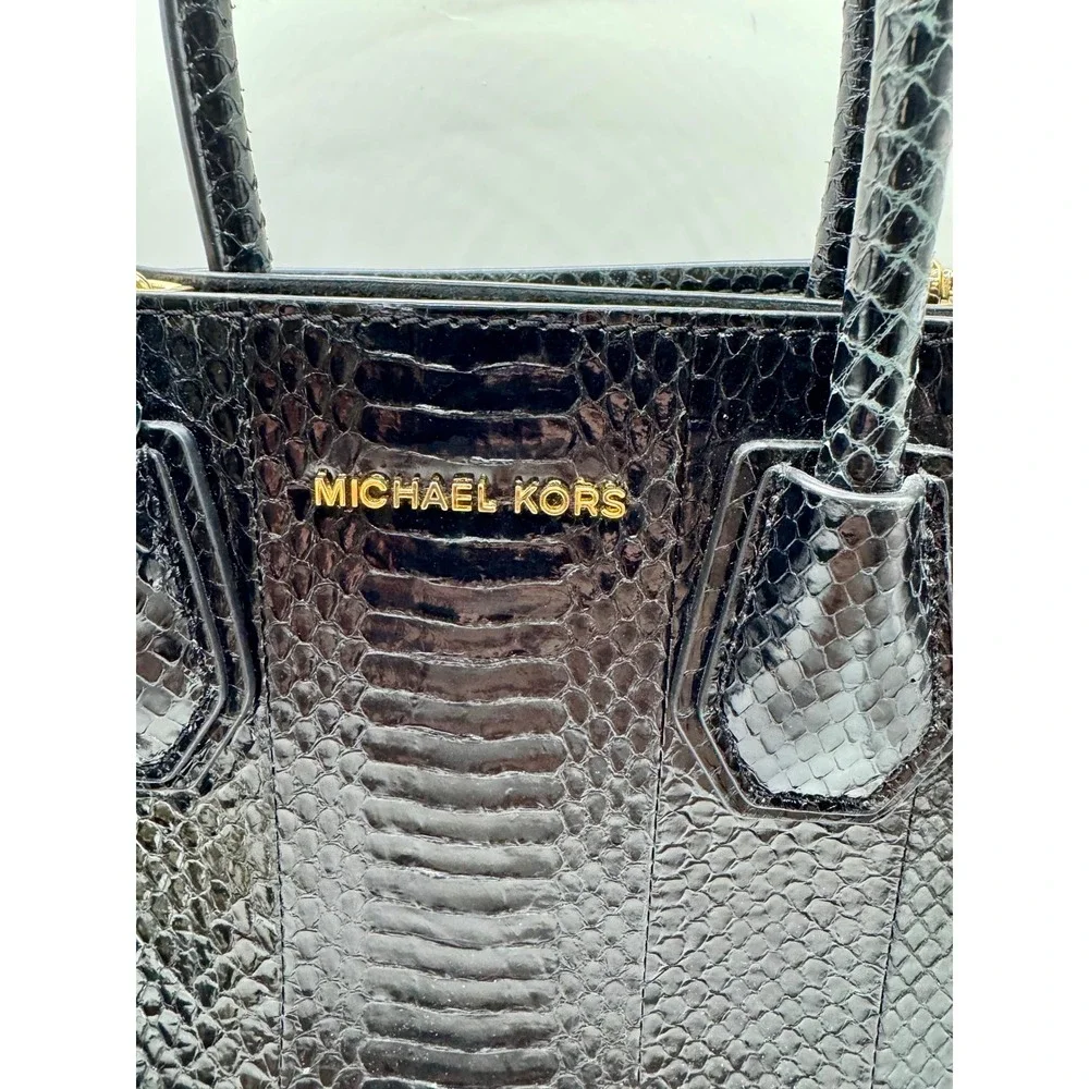 Michael Kors Mercer Messenger Bag Medium Black Snake Embossed Leather Gold Purse